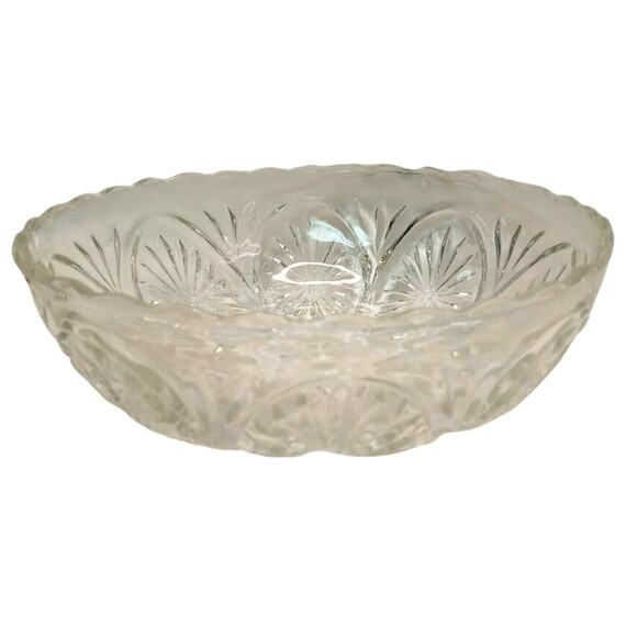 Retro Etched Serving Bowl Clear Cut Glass Decorative Vegetable Salad Fruit VTG - Picture 8 of 11